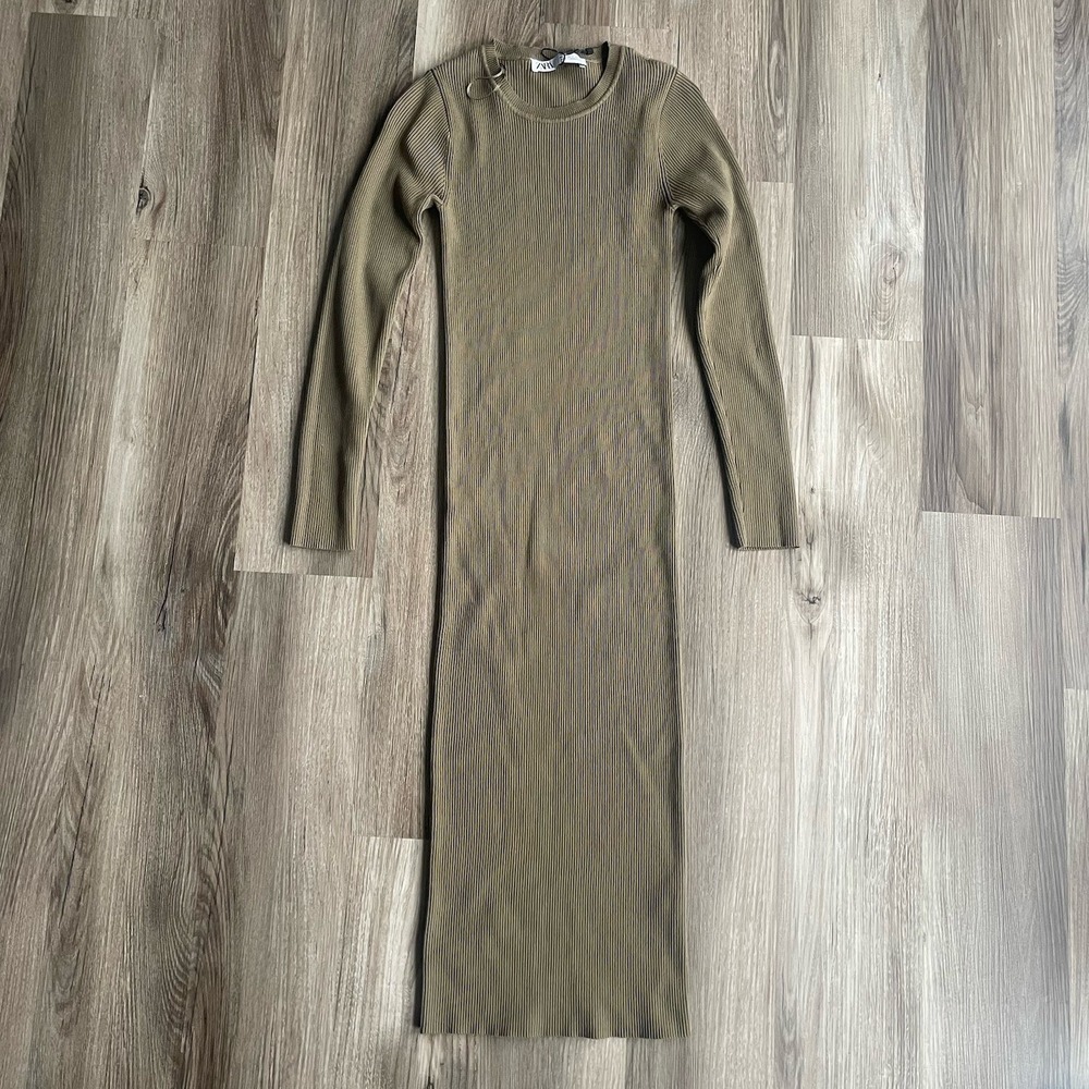 Zara Ribbed Knit Stretchy Midi Pencil Dress In Mid Olive Gree Size Small Stretch